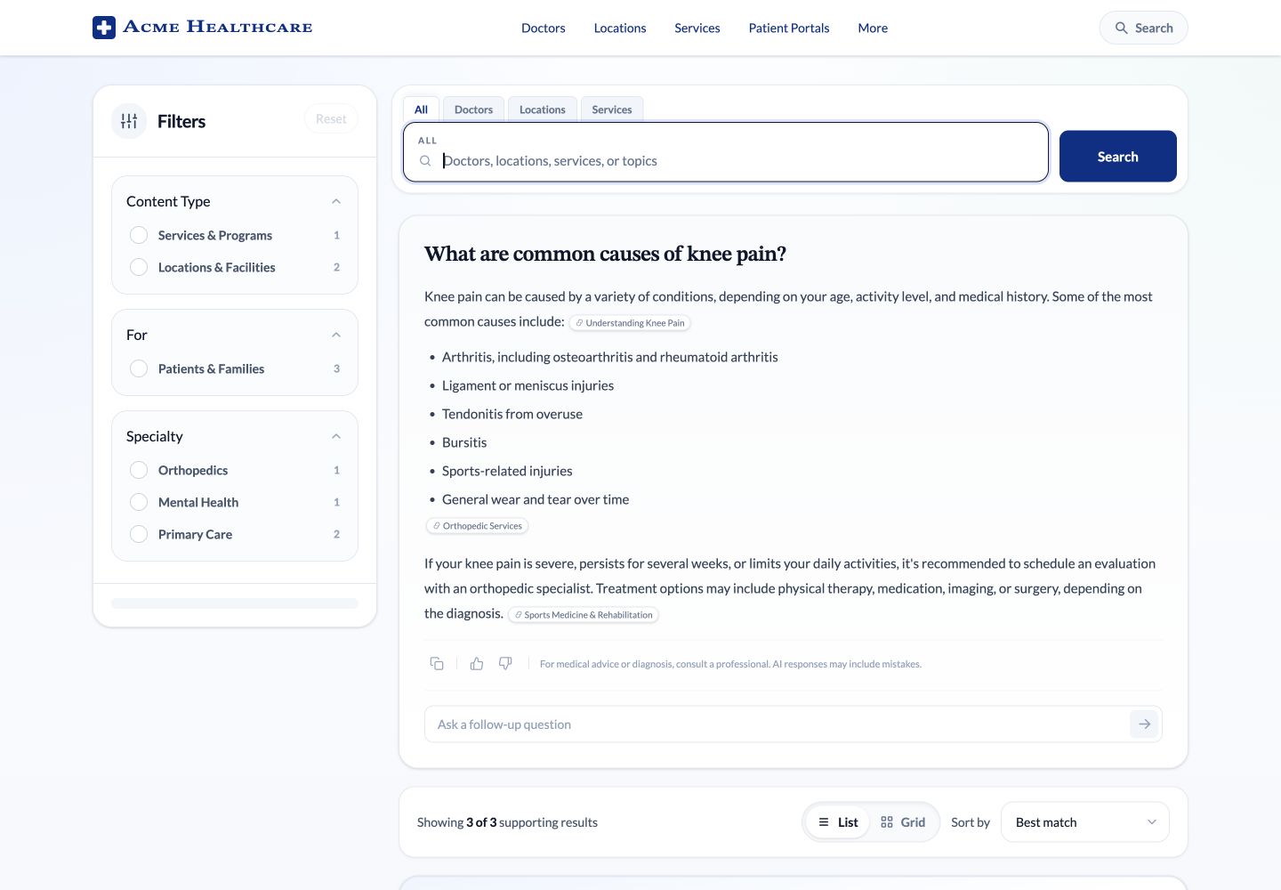 Healthcare search interface prototype
